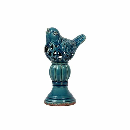 SMARTGIFTS Ceramic Bird Figurine w/Cutout Design On Pedestal Large Distressed - Gloss Blue SM3859632